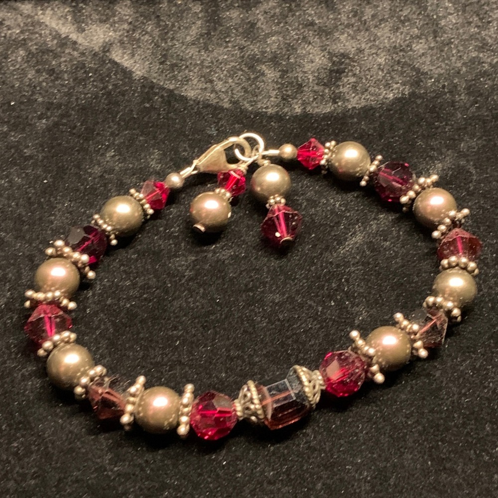 Sterling Silver 925 Red Purple Crystal Bronze Pearl Beaded Bracelet 7 Inch